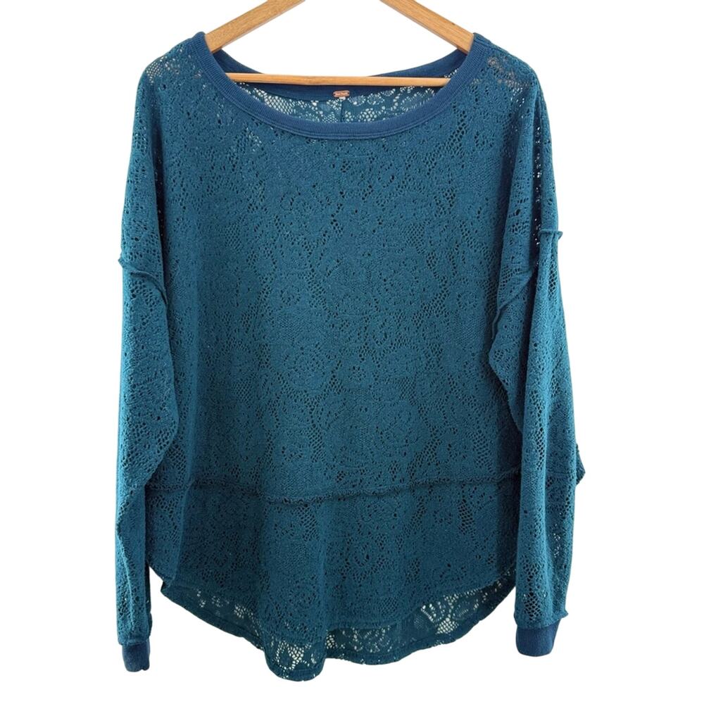 Free People Not Cold In This Floral Brushed Lace Knit High Low Deep Teal Top M - Picture 2 of 11